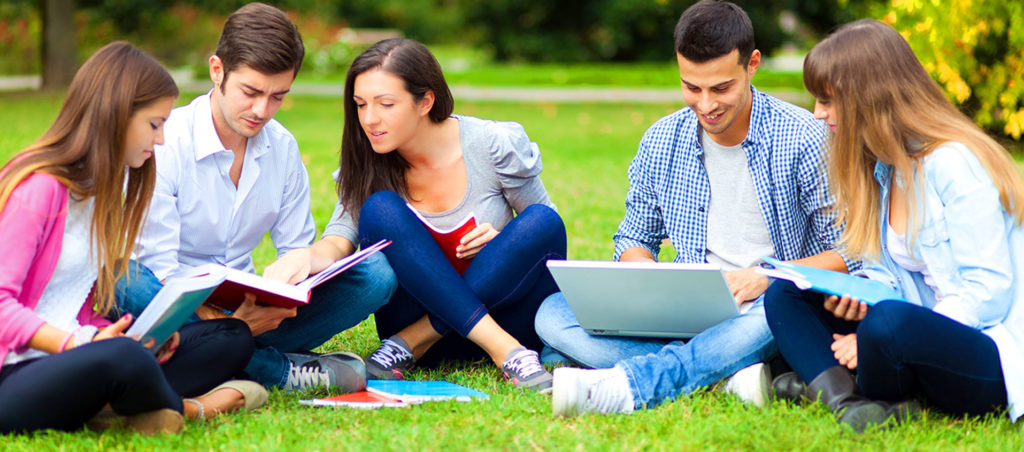 Five students sitting in grass studying