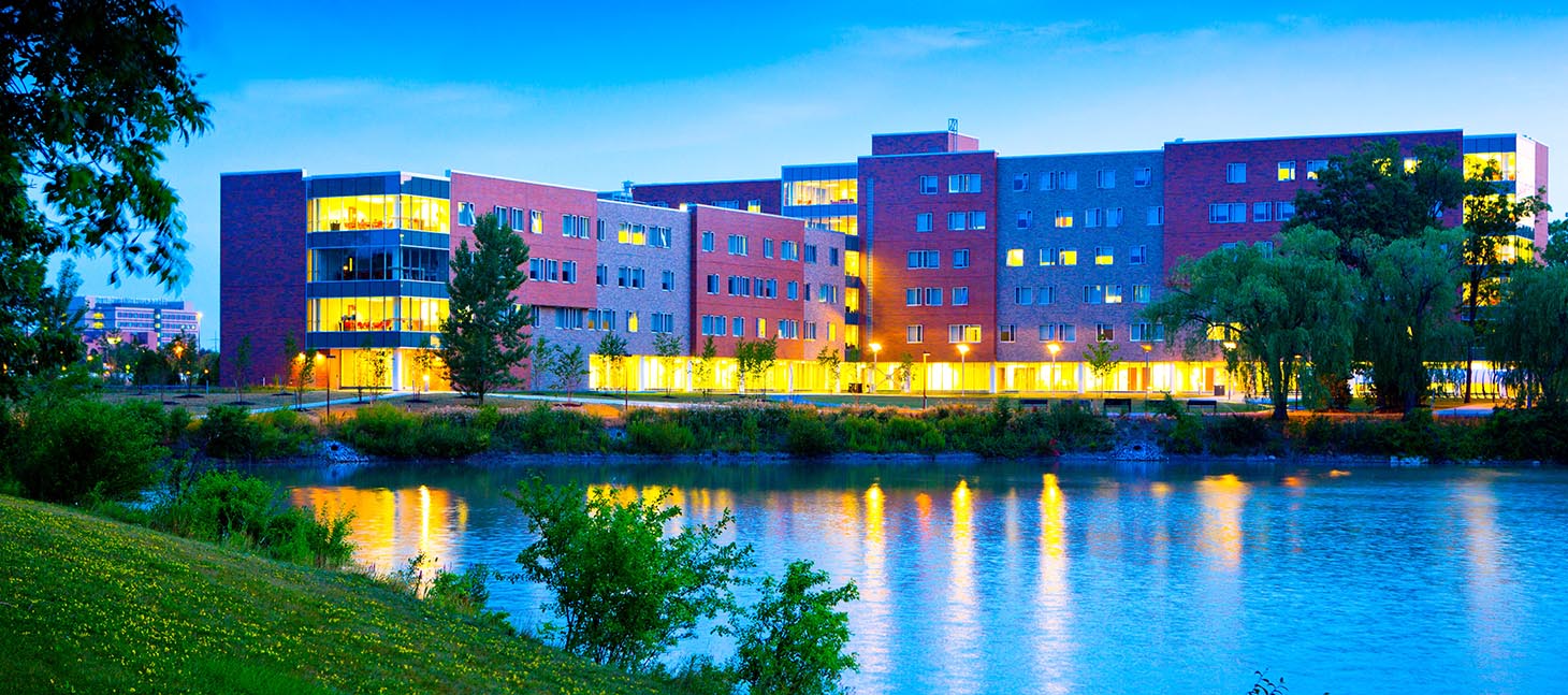 Greiner Hall at sunset on the North Campus