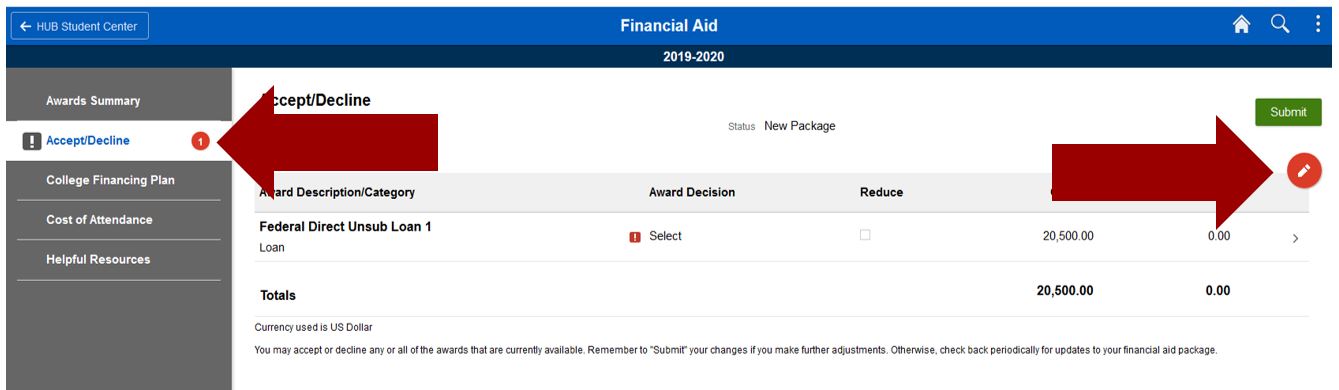 Screenshot of Accept/Decline page with arrow pointing to Accept/Decline in left-hand navigation and arrow pointing to indicator.