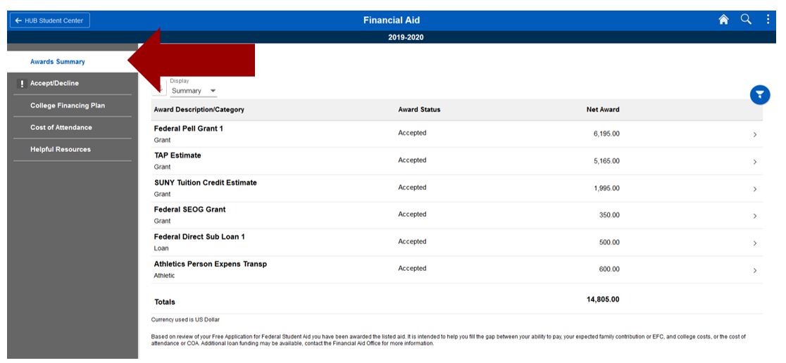 Screenshot of Awards Summary screen with arrow pointing to Awards Summary sub-navigation.