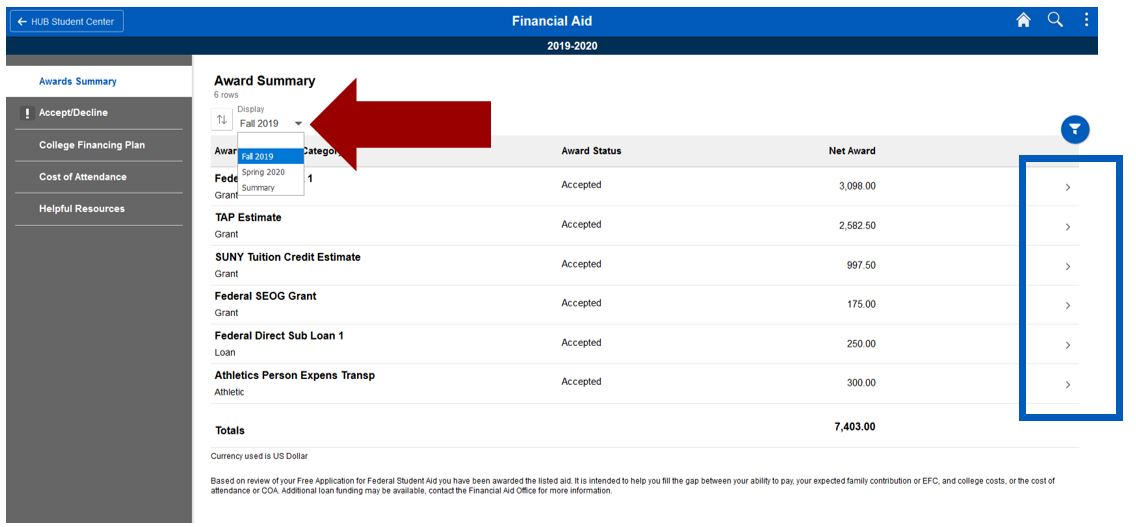 Screenshot of Awards Summary page with arrow to drop down menu where term is selected.