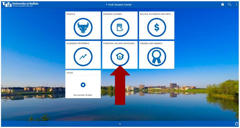 Screenshot of HUB Student Center with arrow pointing to Financial Aid and Scholarships tile.